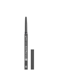 Matita per eyeliner in gel nera con punta appuntita e corpo grigio. Presenta un testo argentato che etichetta il prodotto, incluso "Jelly Eye Liner" e il numero di tonalità 52.