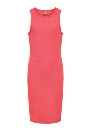 Robe débardeur en corail, design ajusté, longueur genoux, encolure ronde, sans manches, texture lisse, matériau extensible, détails de couture minimaux.