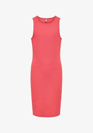 Robe débardeur en corail, design ajusté, longueur genoux, encolure ronde, sans manches, texture lisse, matériau extensible, détails de couture minimaux.