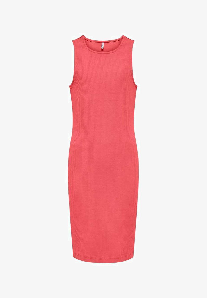 Robe débardeur en corail, design ajusté, longueur genoux, encolure ronde, sans manches, texture lisse, matériau extensible, détails de couture minimaux.