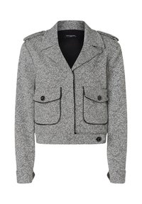 Grijze tweed cropped jas met twee grote vo pockets, zwarte accenten en schouderepauletten. Voorzien van een knoopsluiting en lange mouwen.