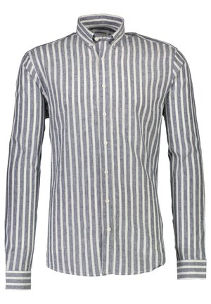 Blue and white striped long-sleeve shirt with a button-down collar, made of linen, featuring a curved hem and cuffed sleeves.