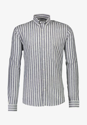 Blue and white striped long-sleeve shirt with a button-down collar, made of linen, featuring a curved hem and cuffed sleeves.