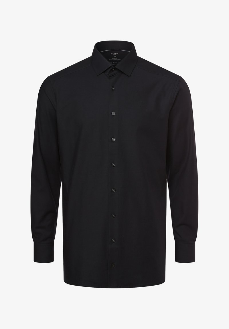 Maglietta nera a maniche lunghe in cotone con patta a bottoni, colletto e polsini con un bottone. Tessuto liscio, vestibilità regolare.