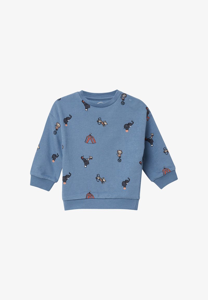 Maglione di cotone blu con stampati animali giocosi da circo, tra cui elefanti e cani. Presenta un collo rotondo e maniche lunghe.