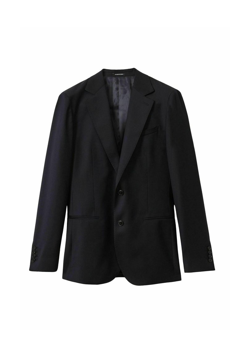 Blazer nero con revers a uncino, due bottoni, tasche a patta e foderato internamente in modo liscio, realizzato per una vestibilità classica.