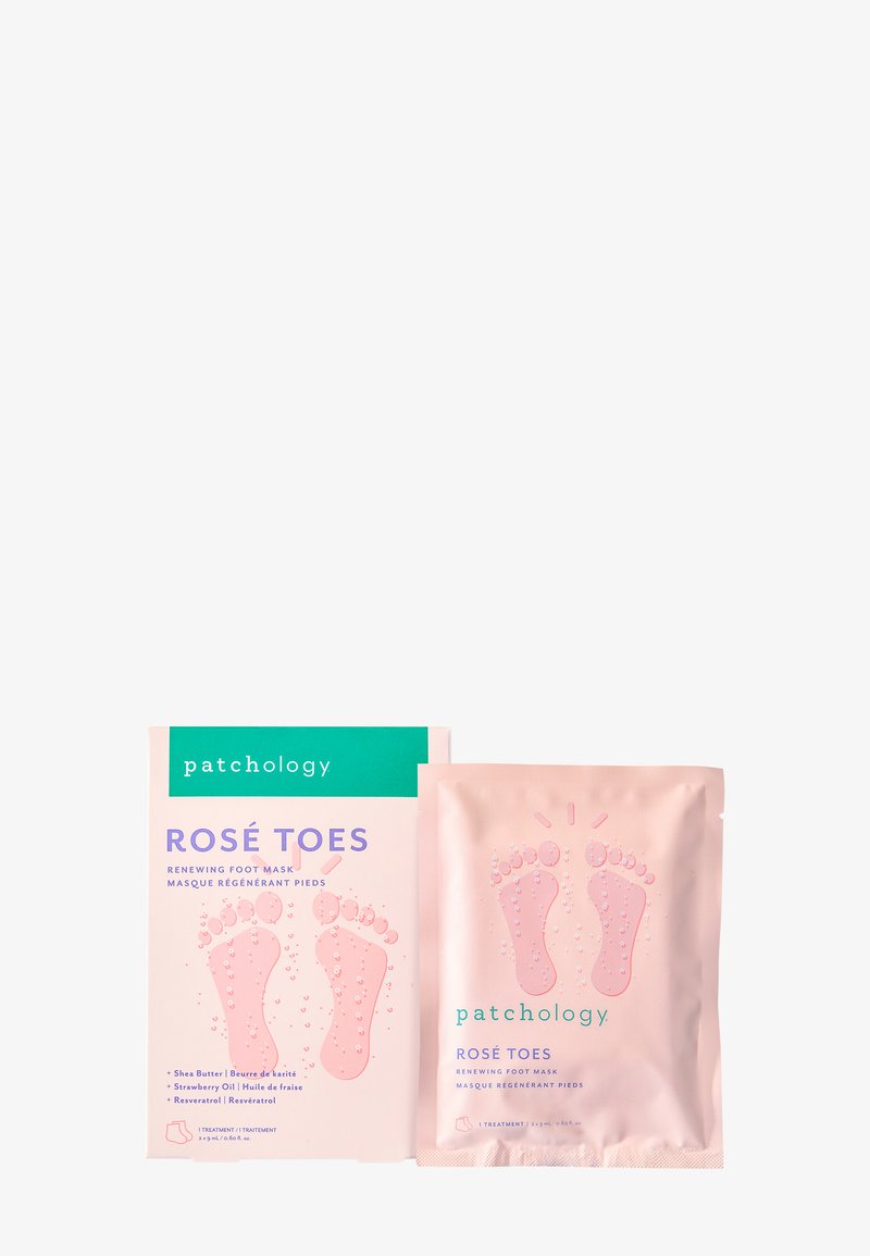 Patchology Rosé Toes förnyande fotmask; inkluderar en låda och individuella rosa påsar med fotavtryck och bubblor design. Slät textur, pastellfärger.