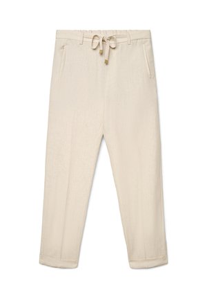 Beige zulaufende Hose mit Gürtelschlaufen, vorderen Taschen, einem Tunnelzugbund mit goldbeschichteten Kordeln und umgeschlagenen Säumen.