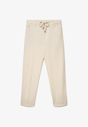 Beige zulaufende Hose mit Gürtelschlaufen, vorderen Taschen, einem Tunnelzugbund mit goldbeschichteten Kordeln und umgeschlagenen Säumen.