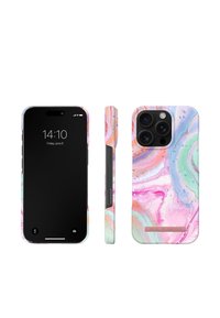 Phone case featuring a beige, pink, and green marbled pattern with smooth texture. Includes camera cutout and button access on the side.