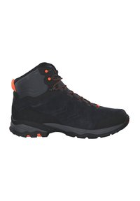 Schwarzer Wanderschuh mit einem Obermaterial aus Wildleder und Synthetik, orangen Akzenten, strukturiertem Gummisohle und verstärktem Knöchel für zusätzlichen Halt.