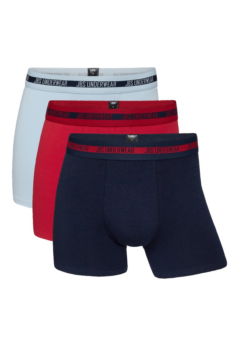 Three pairs of boxer shorts: light blue, red, and dark navy. Each features a contrasting waistband with "JBS UNDERWEAR" text. Cotton material.