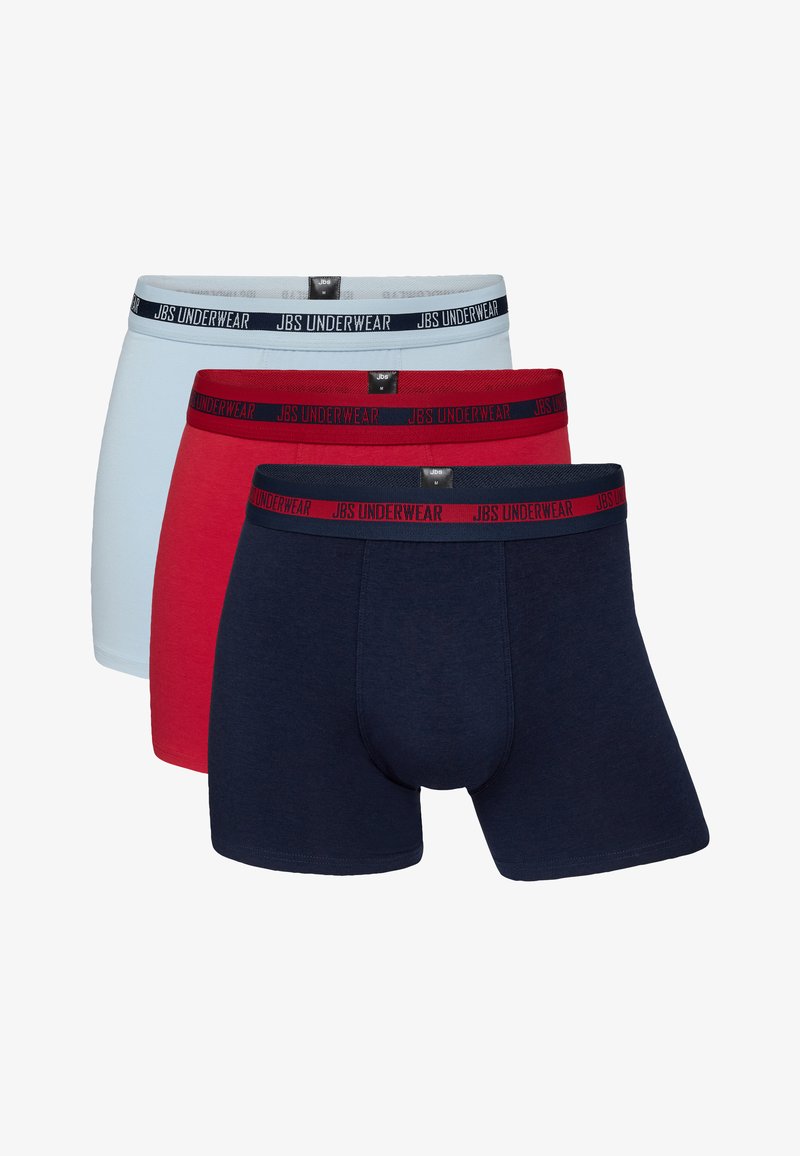 Three pairs of boxer shorts: light blue, red, and dark navy. Each features a contrasting waistband with "JBS UNDERWEAR" text. Cotton material.