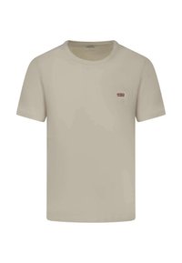 Camiseta de algodón beige de manga corta, cuello redondo y un pequeño logo rojo de Levi's en el lado izquierdo del pecho. Diseño sencillo, sin patrones o acentos distintos.