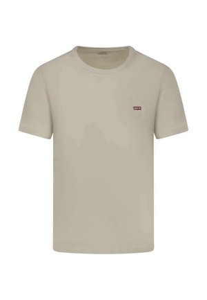 Camiseta de algodón beige de manga corta, cuello redondo y un pequeño logo rojo de Levi's en el lado izquierdo del pecho. Diseño sencillo, sin patrones o acentos distintos.