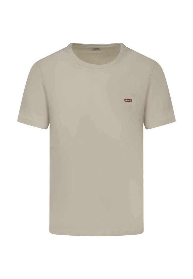 Camiseta de algodón beige de manga corta, cuello redondo y un pequeño logo rojo de Levi's en el lado izquierdo del pecho. Diseño sencillo, sin patrones o acentos distintos.