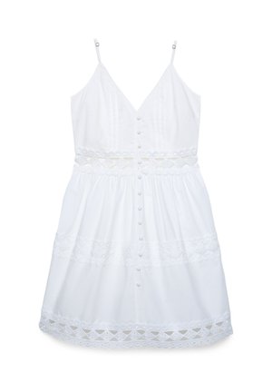 Vestito bianco senza maniche con spalline sottili, bottoni decorativi sulla parte anteriore e intagli in pizzo floreale in vita, gonna e orlo.