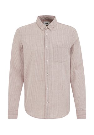 Striped long-sleeve shirt in light pink and white, featuring a button-down collar, a chest pocket, and white buttons on the front.