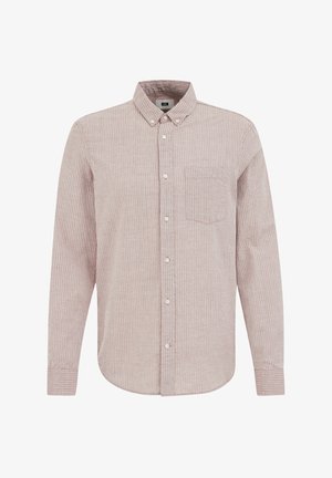 Chemise à rayures à manches longues en rose pâle et blanc, dotée d'un col boutonné, d'une poche poitrine et de boutons blancs sur le devant.