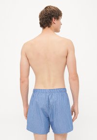 Pantaloni corti blu a righe con cintura elastica, caratterizzati da strisce verticali bianche e una vestibilità comoda, mostrati da dietro.