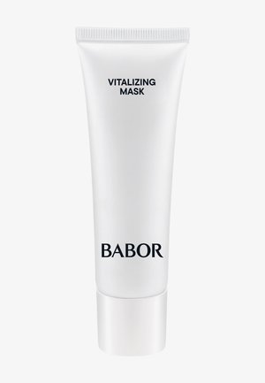 White, plastic tube with a twist-off cap, labeled "VITALIZING MASK" in black text, featuring the brand name "BABOR" at the bottom.