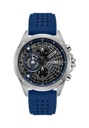 Reloj cronógrafo plateado con correa de goma azul, esfera geométrica en negro y azul, tres subesferas y ventana de fecha en el número ocho.