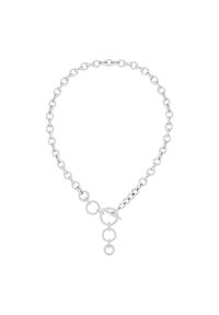 Zilveren ketting met elkaar verbonden ovale en ronde schakels, voorzien van een togglesluiting en een hangend accent van ronde elementen.