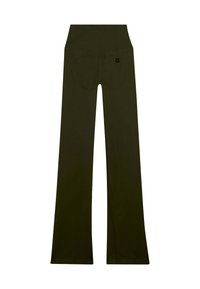 Leveä lahkeinen oliivinvihreät joogahousut, joissa on korkeavyötärö, kaartuvat takataskut ja sileä, joustava kangaspinta.