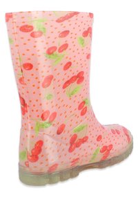 Botte de pluie rose avec motif de cerise, texture à pois et semelle transparente. Présente un matériau lisse et un design hauteur genou.