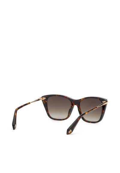 Lunettes de soleil œil de chat en écaille avec verres bruns dégradés et accents métalliques dorés sur les branches.