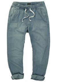 Joggers de denim azul claro con cintura elástica, cordón blanco y puños enrollados; cuenta con bolsillos laterales y un ajuste holgado.