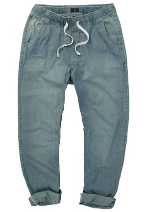 Light blue denim joggers with an elastic waistband, white drawstring, and rolled cuffs; features side pockets and a relaxed fit.