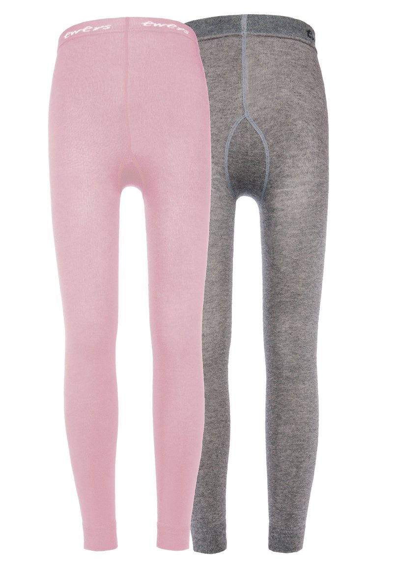 Leggings lavorati a maglia rosa e grigi, caratterizzati da una superficie liscia, una forma aderente e una vita elasticizzata, con dettagli di cucitura a contrasto sui pantaloni grigi.