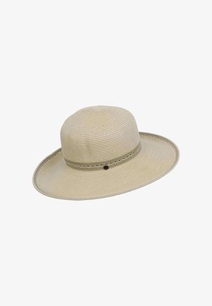 Wide-brimmed straw hat in beige, featuring textured woven material, a subtle decorative band, and a small decorative accent on the side.