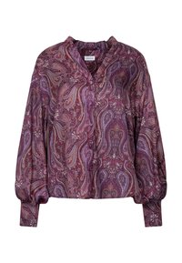 Blouse à manches longues avec un motif cachemire violet, dotée d'un col en V et d'une fermeture à boutons, fabriquée en tissu léger.