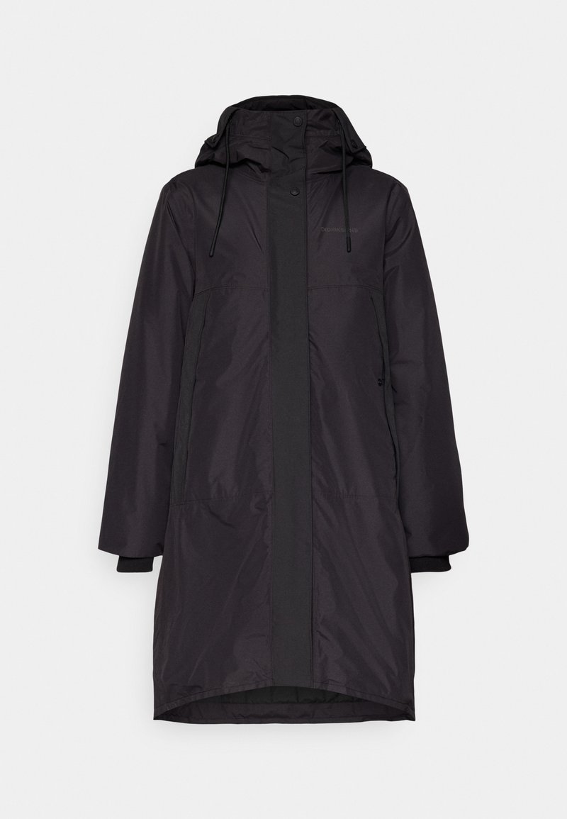 Schwarze wasserdichte Parka mit Reißverschluss und Druckknopfverschluss, Kordelzugkapuze und Seitentaschen. Verfügt über lange, gerade Ärmel und ein mittellanges Design.