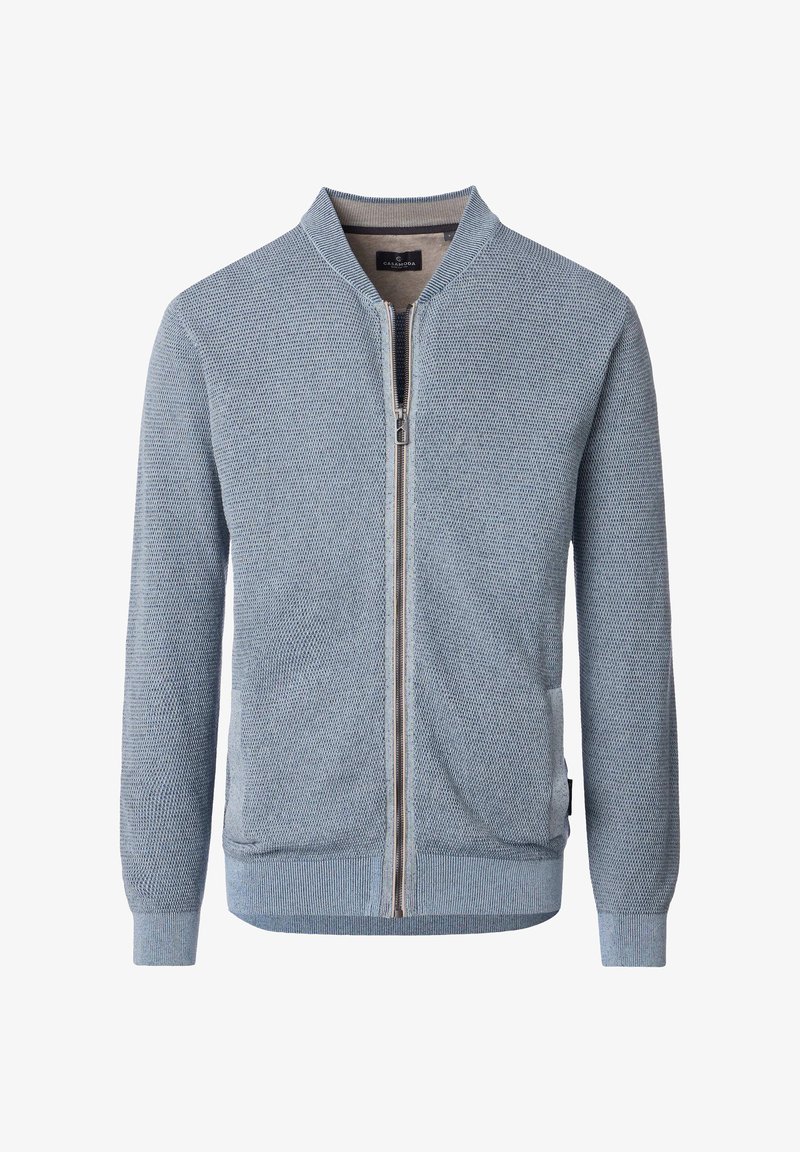 Sininen kevyt vetoketjullinen takki, jossa on teksturoitu, neulottu muotoilu, resorit kaulukset, hihansuut ja helma, sivutaskut ja hillitty logo.