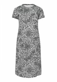 Kortärmad klänning i svart och vit leopardmönster, med rund halsringning och avslappnad passform, tillverkad av lätt och mjukt tyg.