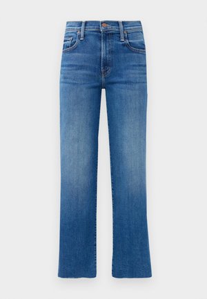 Blue denim jeans with a straight-leg cut, high waistband, and subtle fading. Features classic five-pocket styling and gold hardware accents.