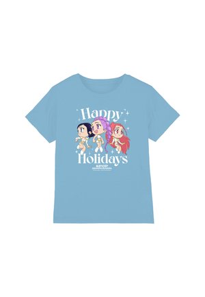 Light blue cotton t-shirt featuring a graphic print of three cartoon characters and the text "Happy Holidays" in white. Short sleeves, crew neck.