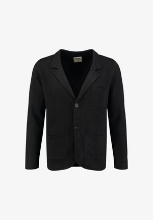 Blazer negro hecho de una tela suave, con cuello de muesca, cierre de un solo botón y dos bolsillos frontales con un acabado texturizado.