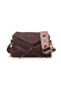 Borsa a tracolla in pelle bordeaux con due scomparti con zip, tracolla regolabile con motivo nei toni di rosa, verde e marrone.