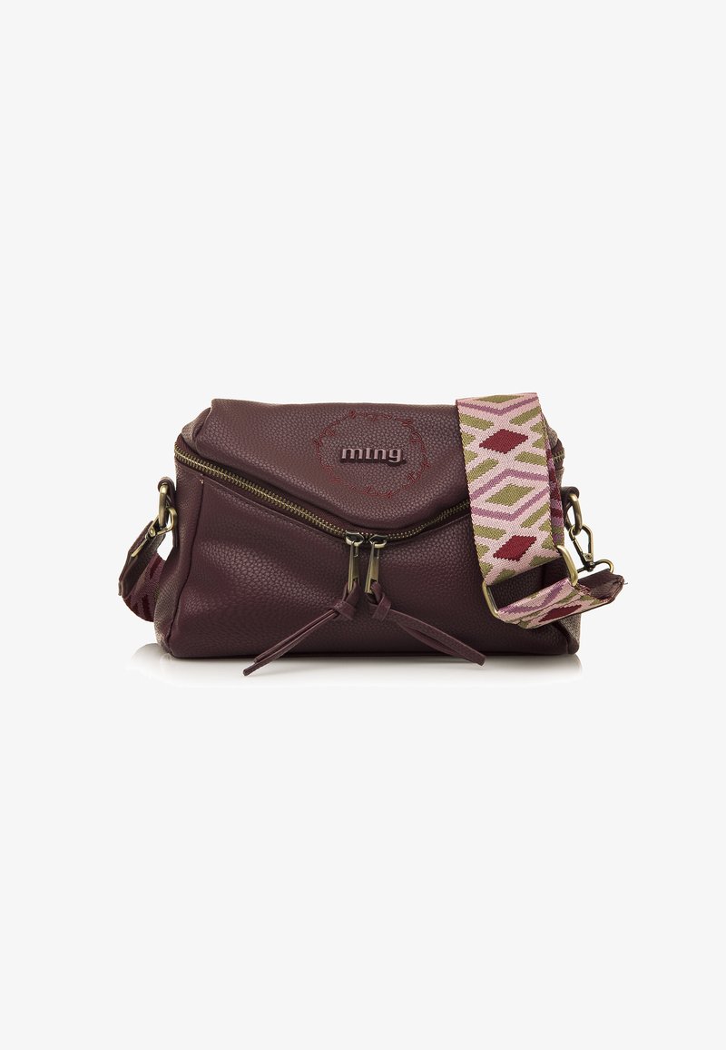 Bolso bandolera de cuero burdeos con dos compartimentos con cremallera, correa ajustable con patrón en rosa, verde y marrón.
