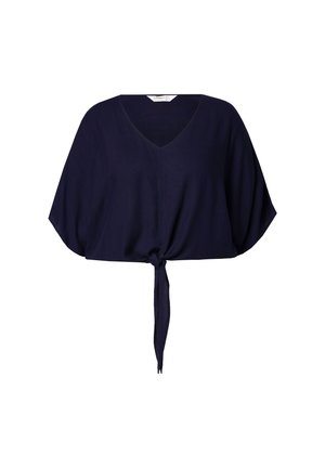 Marineblaues Crop-Top aus leichtem Stoff mit tiefem V-Ausschnitt, lockeren kurzen Ärmeln und einem geknoteten Taillendetail.