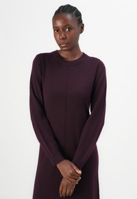 Robe en tricot de couleur violet profond avec des manches longues et un col rond. Elle présente une texture lisse et des détails de couture verticaux subtils.