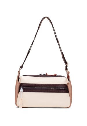 Béžová a hnědá kožená kabelka přes rameno se dvěma vodorovnými kapsami na zip a nastavitelným popruhem.