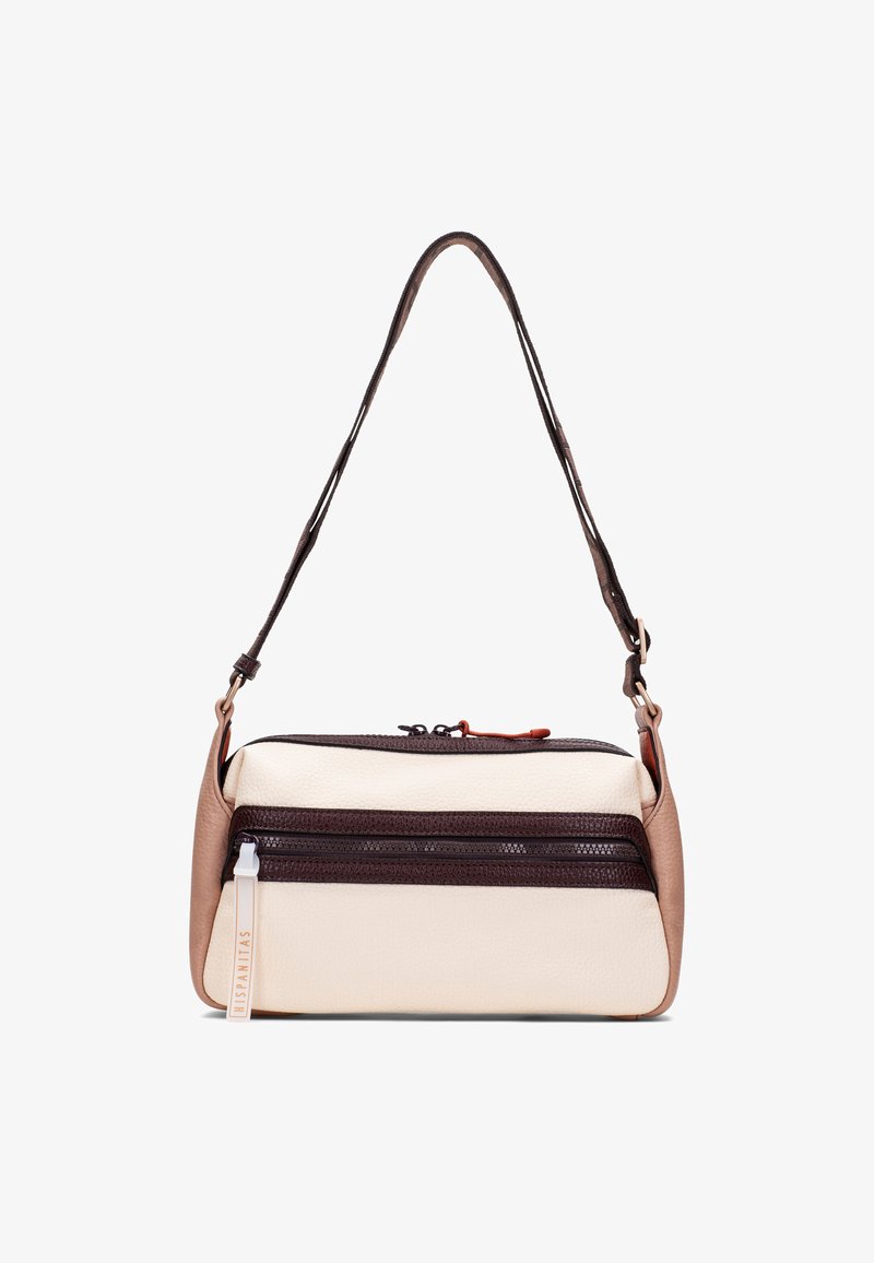 Sac d'épaule en cuir beige et marron avec deux compartiments horizontaux zippés et une bandoulière réglable.