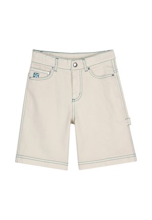 Beige knee-length shorts with teal stitching, belt loops, front pockets, a button closure, and a small side loop on the right leg.