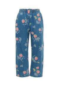 Blauwe spijkerbroek met een elastische tailleband, voorzien van een roze aardbei- en witte bloemall-over print.