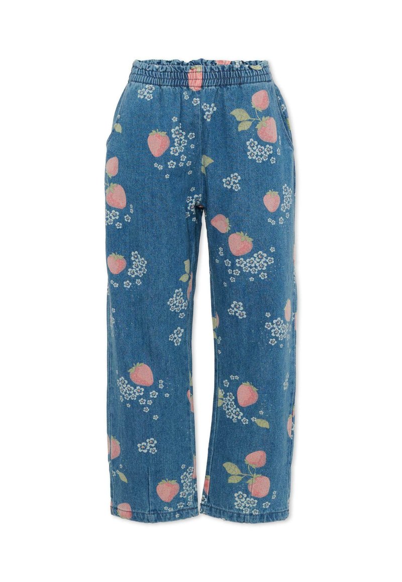 Blauwe spijkerbroek met een elastische tailleband, voorzien van een roze aardbei- en witte bloemall-over print.